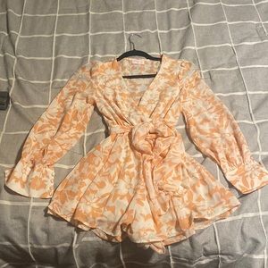 Pink Lily Coral Floral Chiffon Romper with Bow